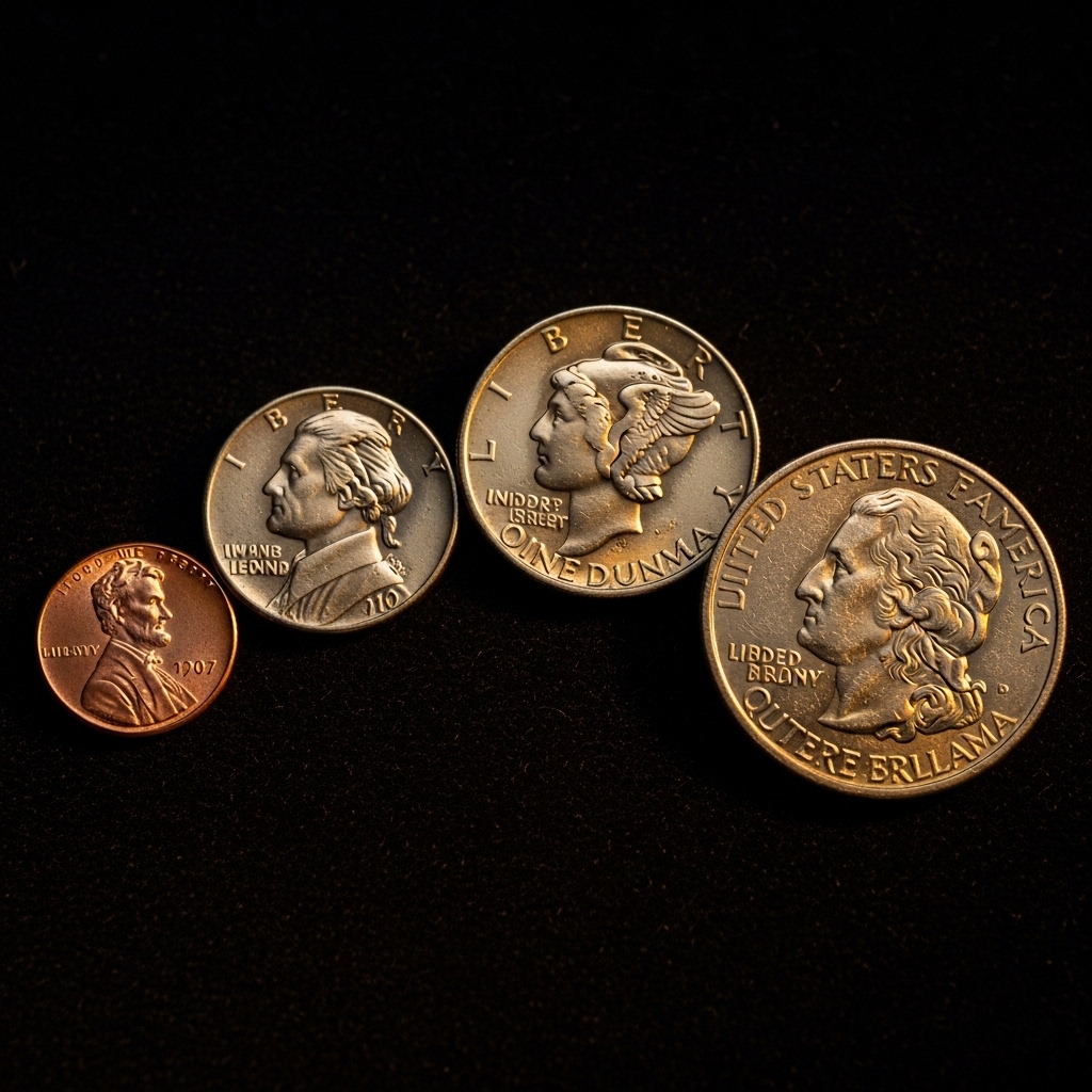 Five classic American coin series arranged on dark velvet — Lincoln cents, Jefferson nickels, Mercury dimes, Morgan silver dollars, and State quarters