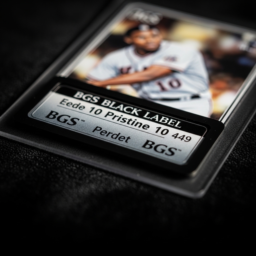 Extreme close-up of a BGS Black Label graded card showing perfect 10 subgrades across all four criteria