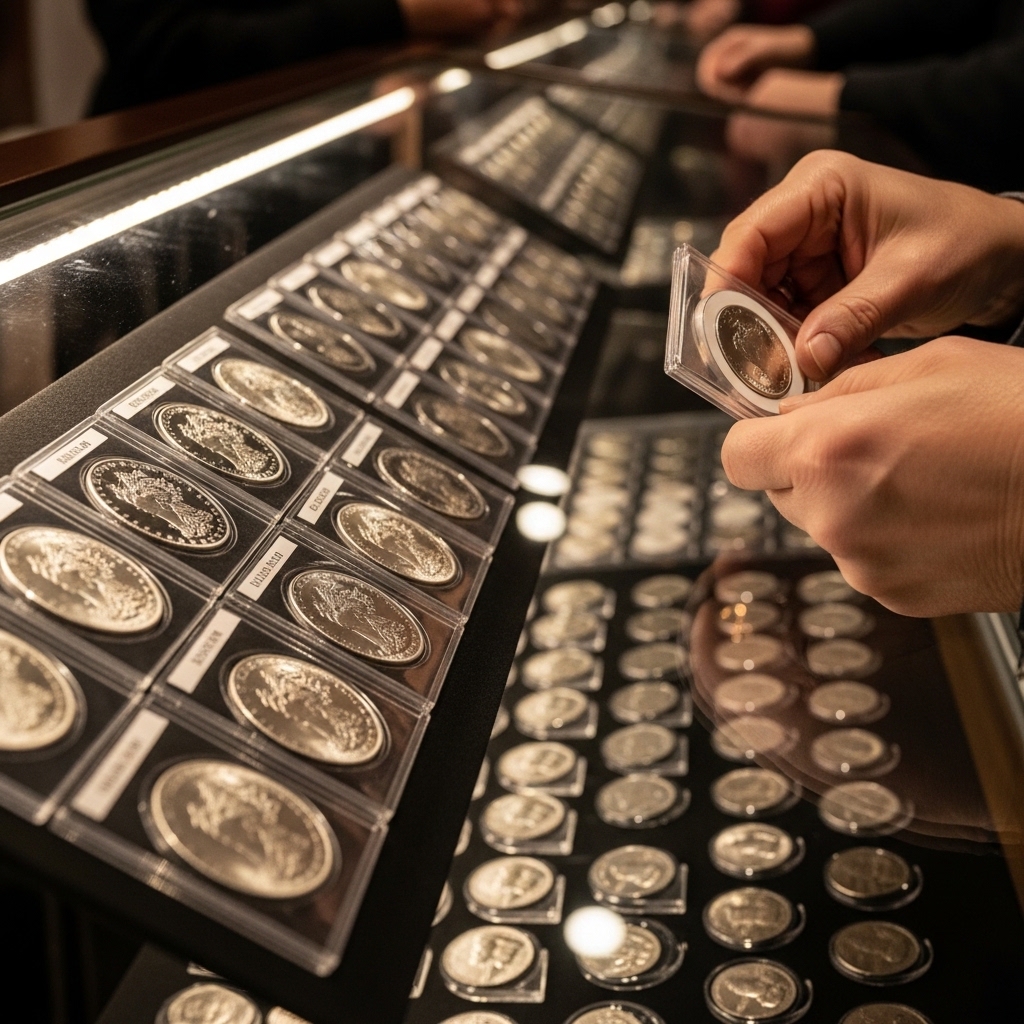 Overhead view of a coin show dealer table with Morgan silver dollars, Mercury dimes, and magnifying equipment