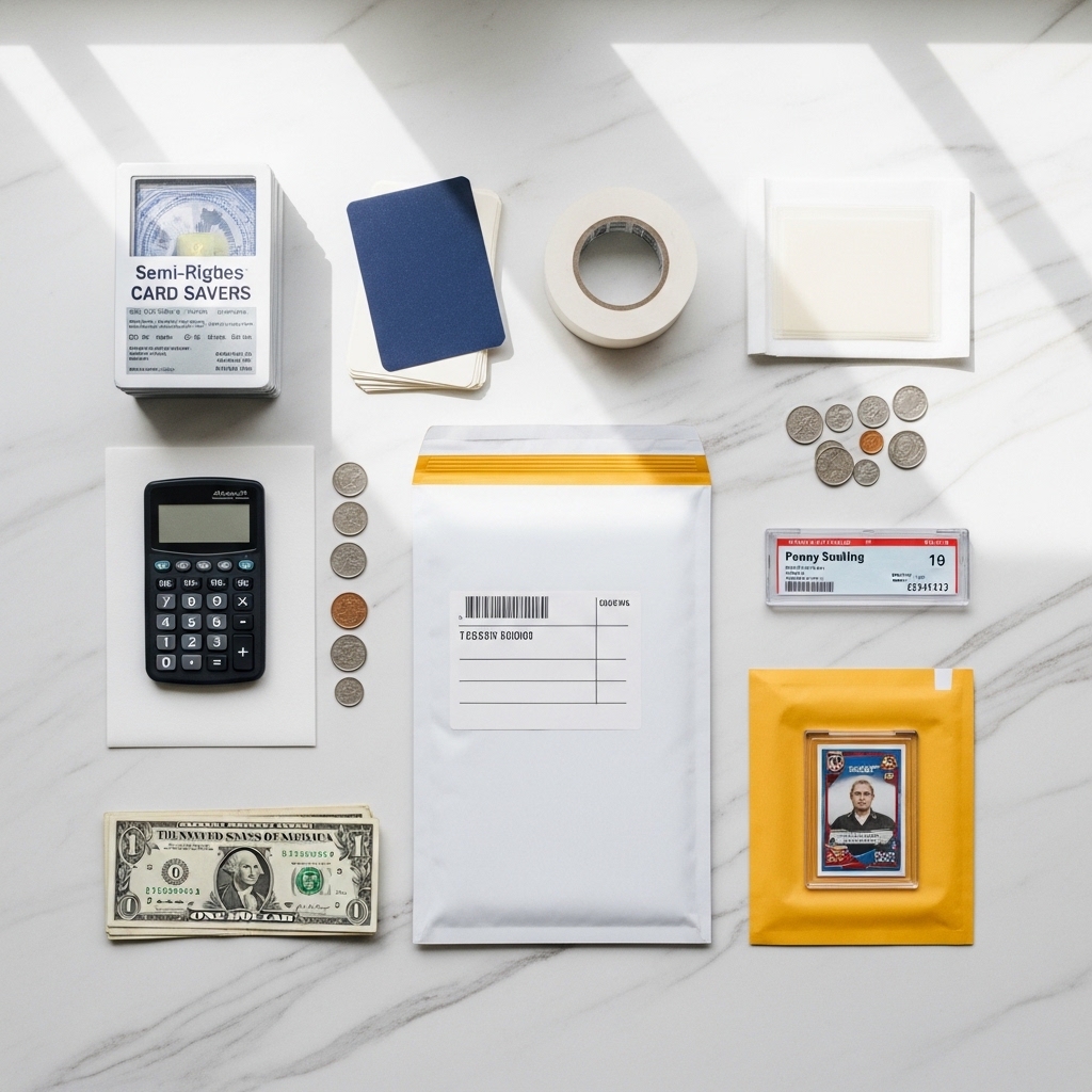 Flat lay of card grading submission supplies: card savers, penny sleeves, bubble mailers, shipping labels, and a calculator