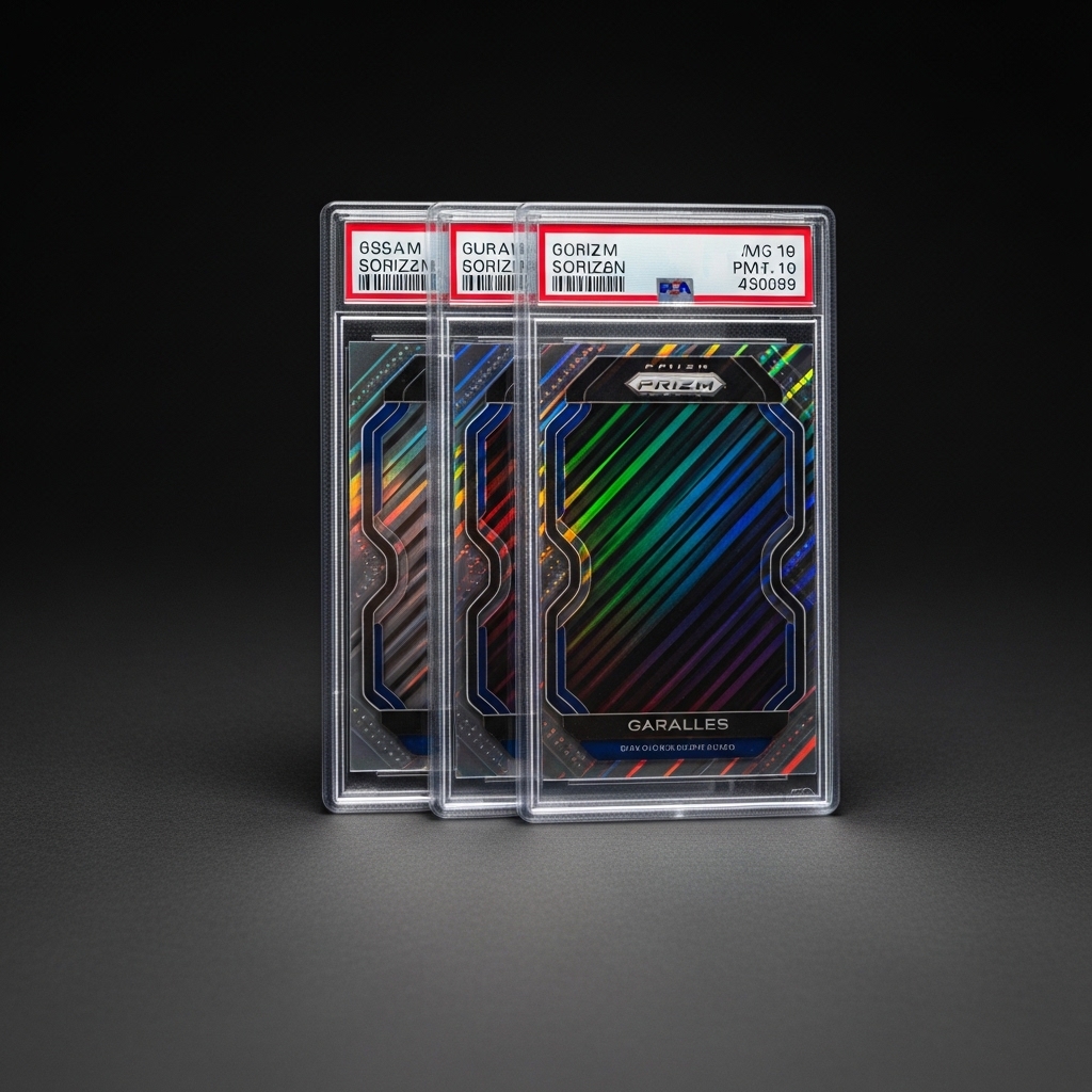 Graded NBA Panini Prizm rookie cards arranged on a dark surface with dramatic lighting