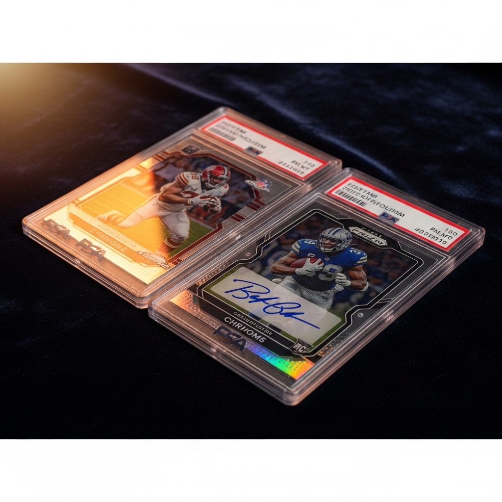 Panini Prizm and Topps Chrome NFL rookie cards in PSA slabs arranged on a dark background