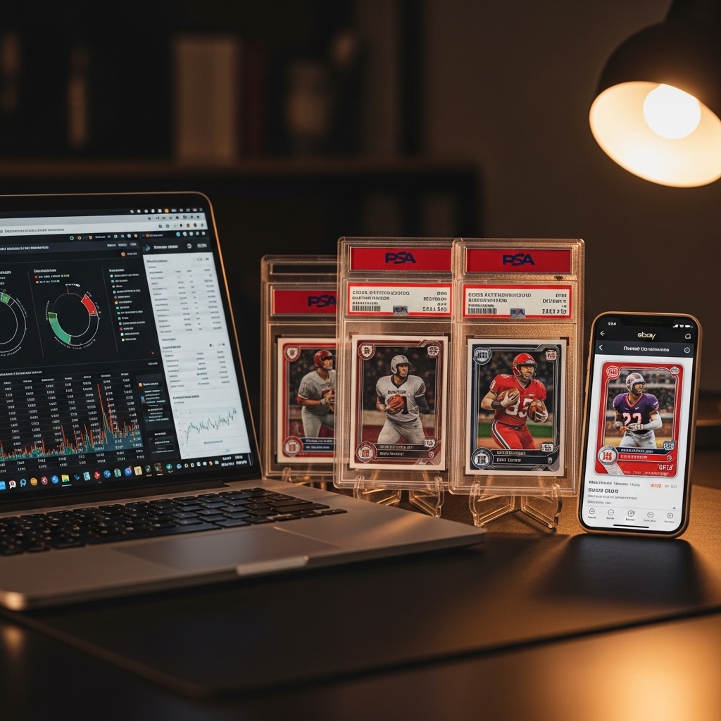 Collector analyzing PSA population data on a laptop alongside graded cards